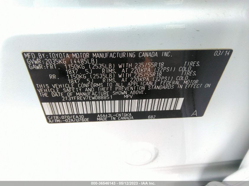 2014 TOYOTA RAV4 LIMITED - 2T3YFREV7EW088851
