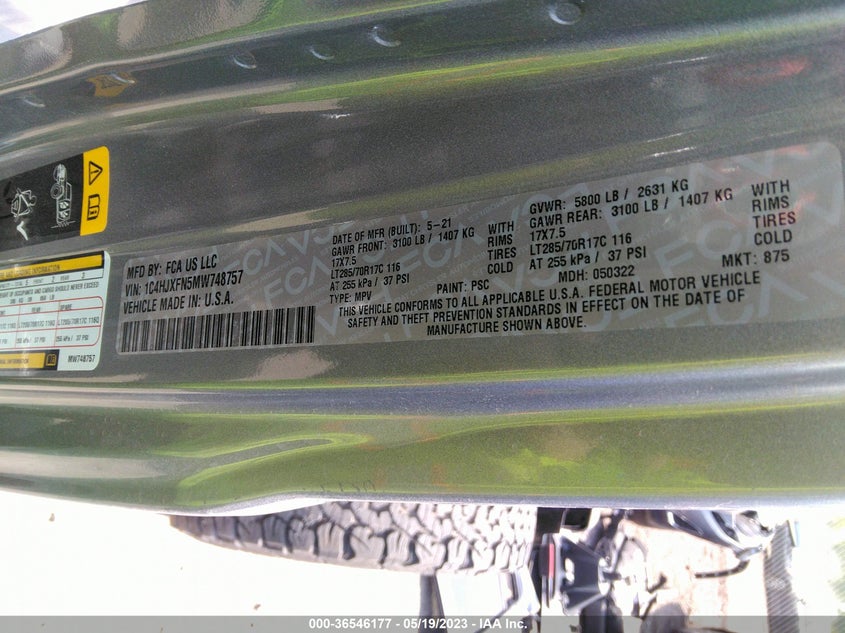 VIN 1C4HJXFN5MW748757 2021 JEEP WRANGLER UNLIMITED RUBICON