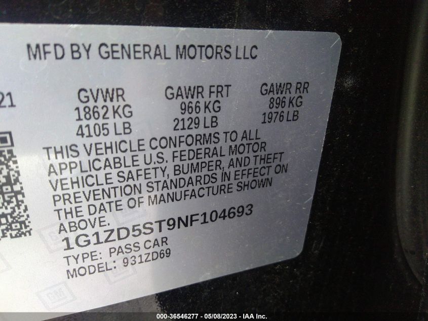 2022 CHEVROLET MALIBU LT - 1G1ZD5ST9NF104693