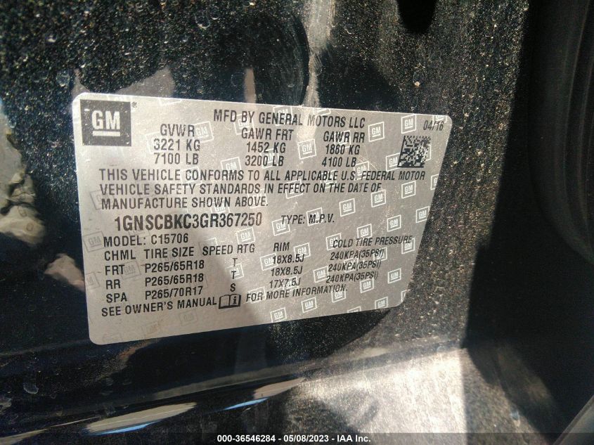 2016 CHEVROLET TAHOE LT - 1GNSCBKC3GR367250