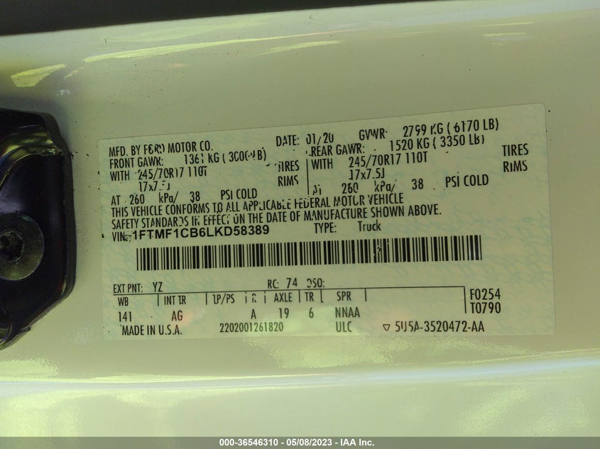 VIN 1FTMF1CB6LKD58389 2020 FORD F-150 XL/XLT
