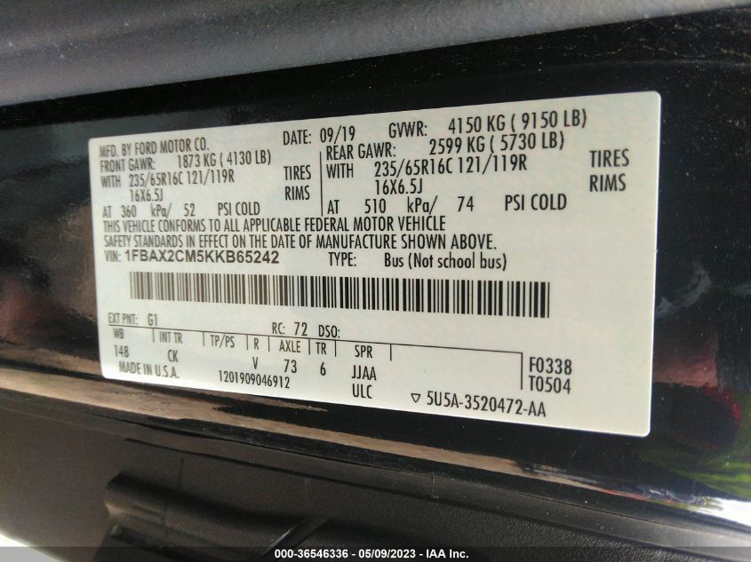 2019 FORD TRANSIT PASSENGER WAGON XL/XLT 1FBAX2CM5KKB65242