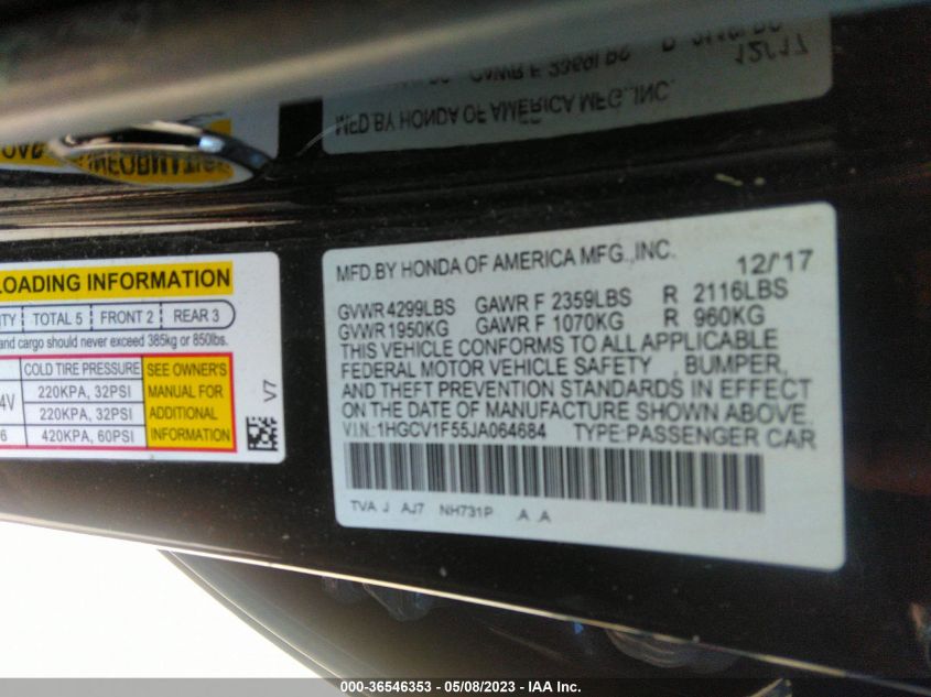 2018 HONDA ACCORD SEDAN EX-L 1.5T - 1HGCV1F55JA064684