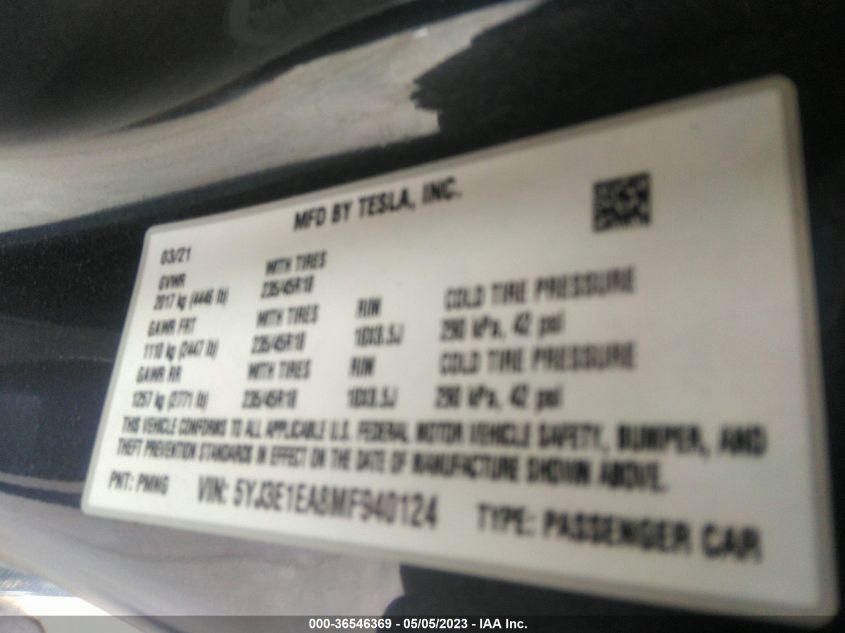 2021 TESLA MODEL 3 STANDARD RANGE PLUS - 5YJ3E1EA8MF940124