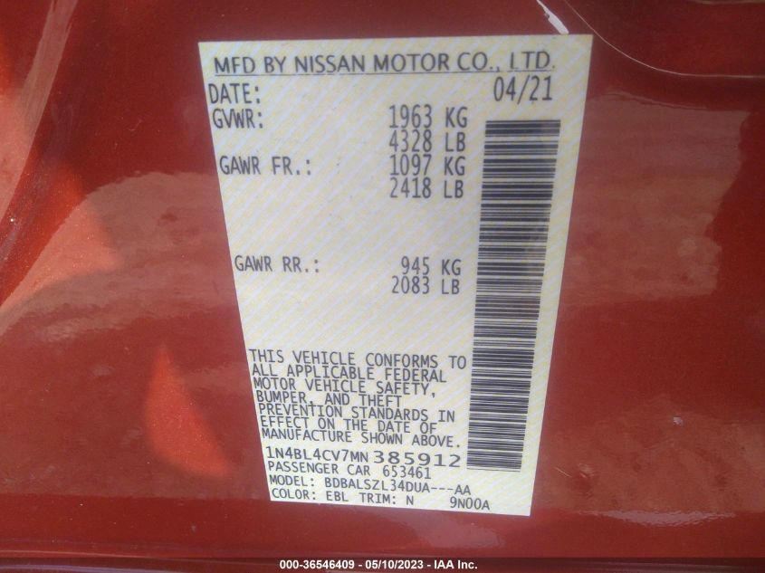 2021 NISSAN ALTIMA 2.5 SR - 1N4BL4CV7MN385912