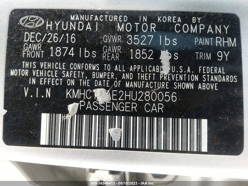 VIN KMHCT4AE2HU280056 2017 HYUNDAI ACCENT VALUE EDITION