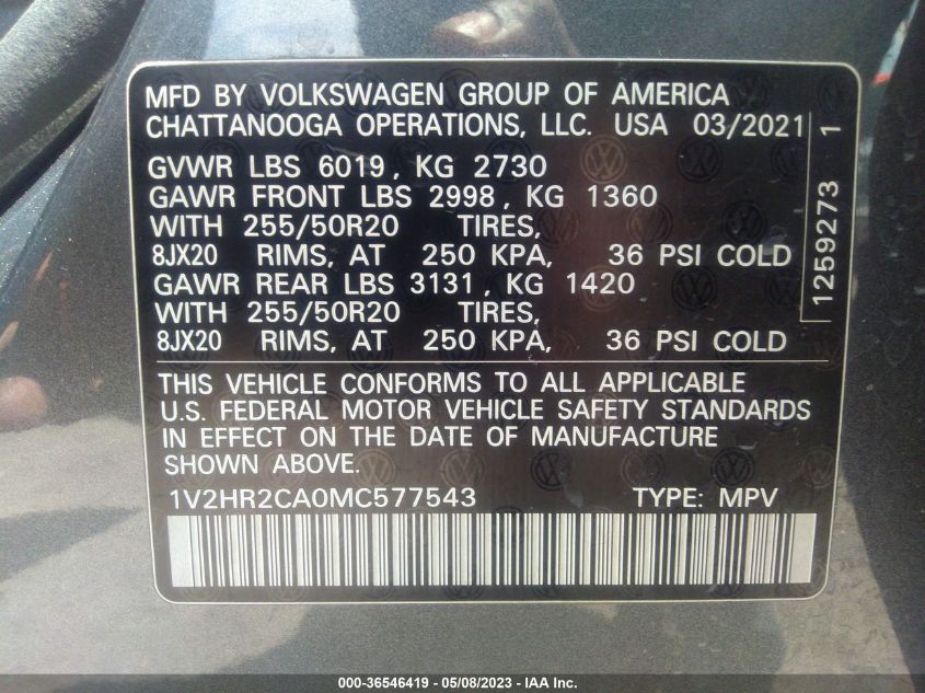 2021 VOLKSWAGEN ATLAS 3.6L V6 SE W/TECHNOLOGY - 1V2HR2CA0MC577543