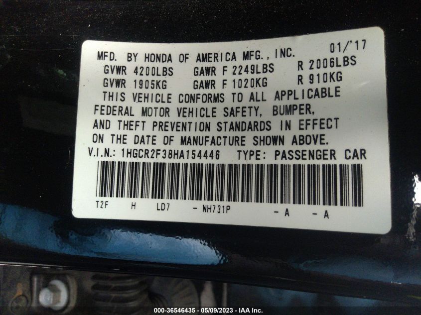2017 HONDA ACCORD SEDAN LX - 1HGCR2F38HA154446
