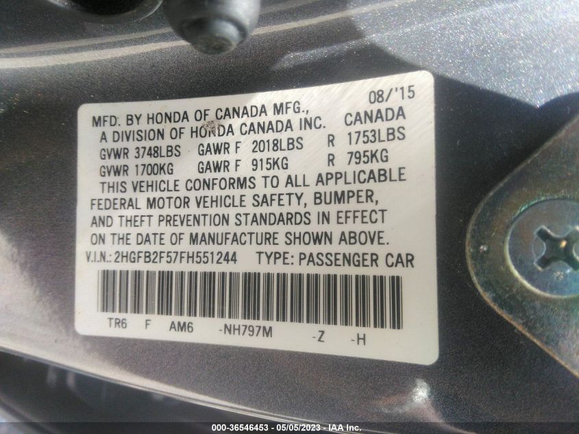 2015 HONDA CIVIC SEDAN LX - 2HGFB2F57FH551244