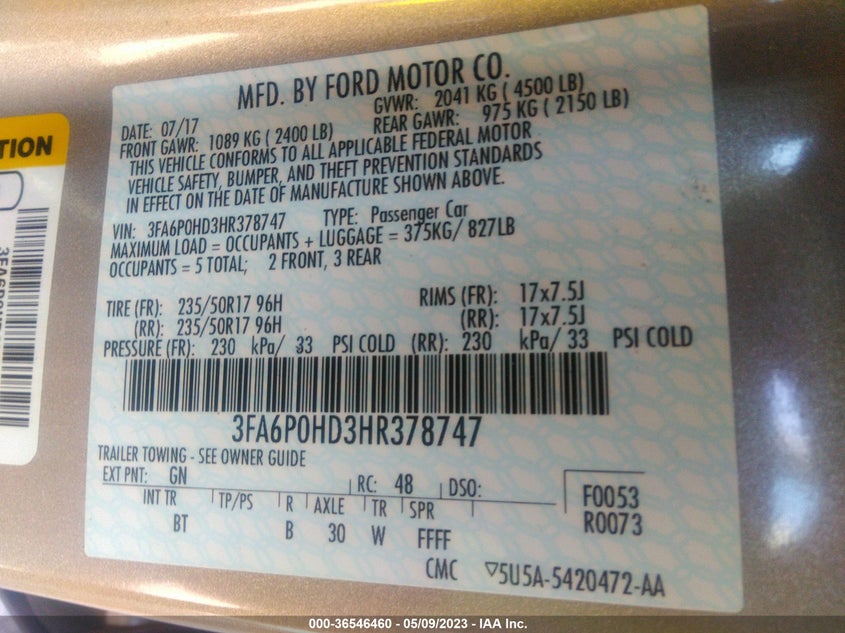 VIN 3FA6P0HD3HR378747 2017 FORD FUSION SE