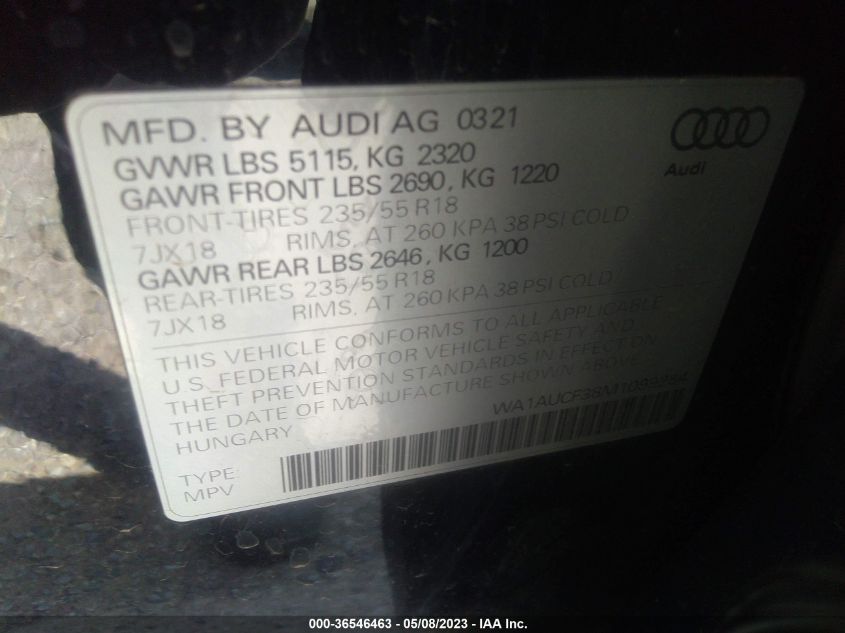 VIN WA1AUCF38M1099284 2021 AUDI Q3 no.9