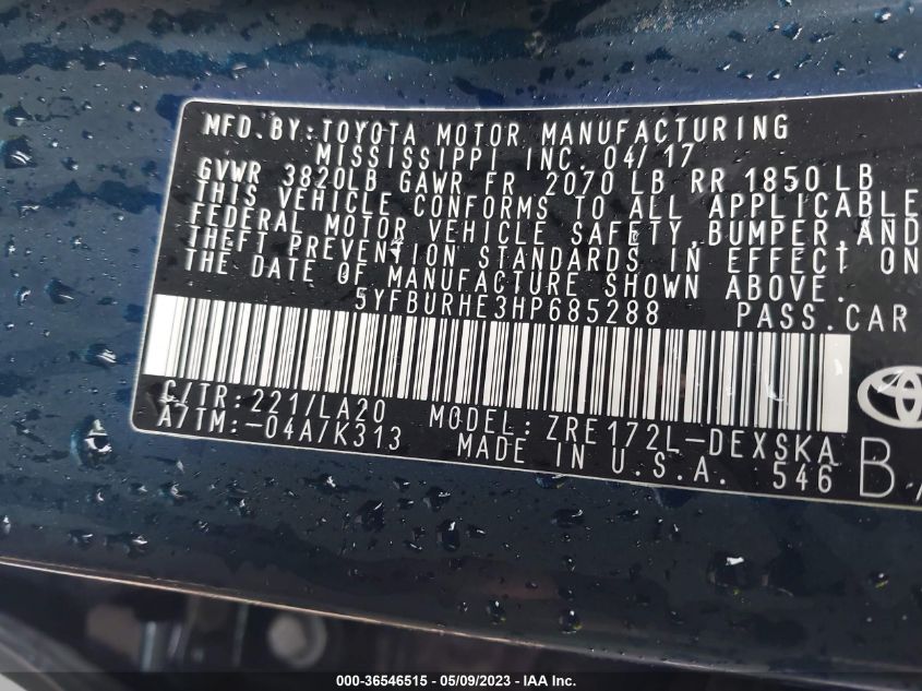 2017 TOYOTA COROLLA XSE - 5YFBURHE3HP685288