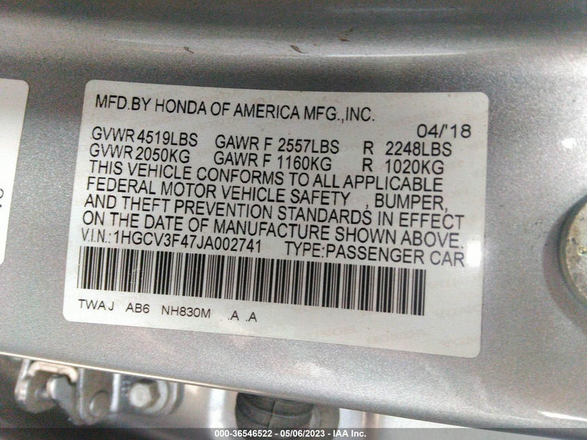 VIN 1HGCV3F47JA002741 2018 HONDA ACCORD HYBRID EX