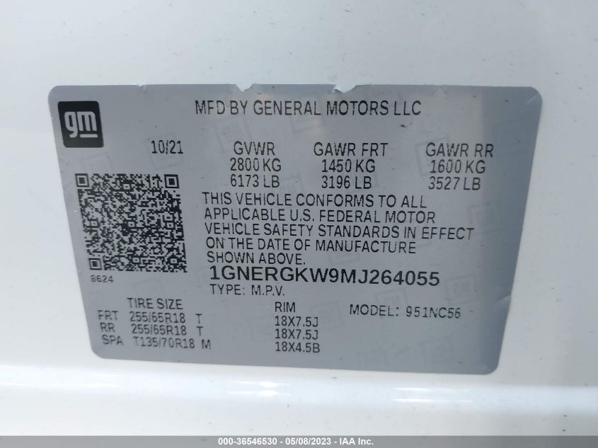 2021 CHEVROLET TRAVERSE LT CLOTH - 1GNERGKW9MJ264055