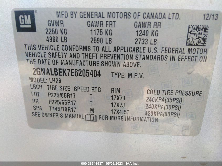 2014 CHEVROLET EQUINOX LT - 2GNALBEK7E6205404