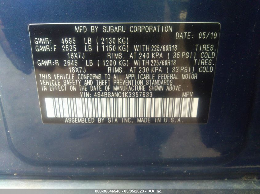 2019 SUBARU OUTBACK LIMITED - 4S4BSANC1K3357633
