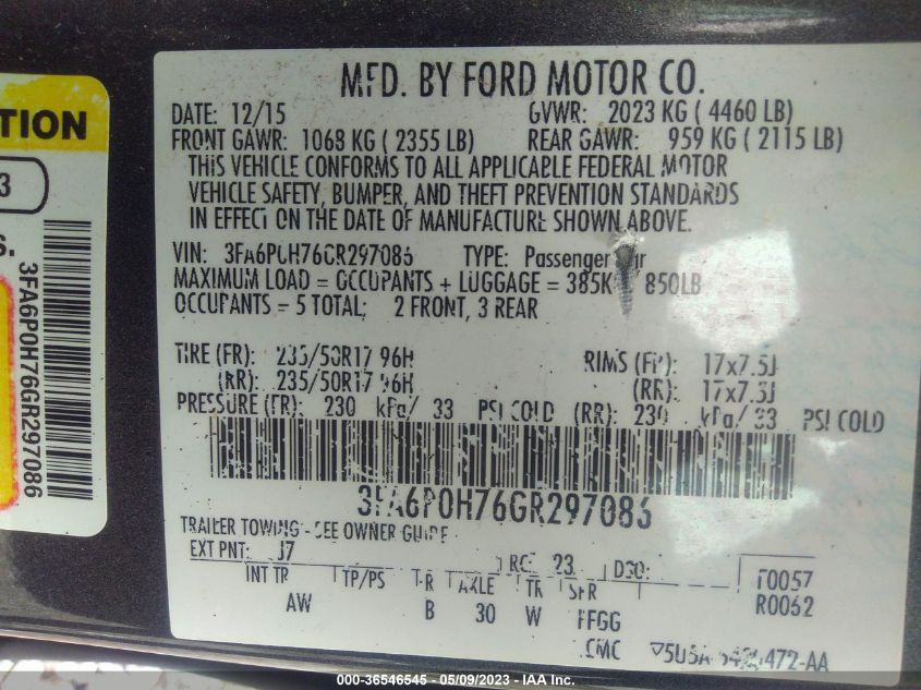 2016 FORD FUSION SE - 3FA6P0H76GR297086