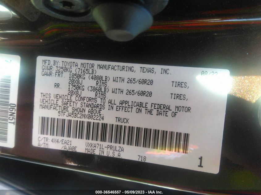 2022 TOYOTA TUNDRA 2WD LIMITED - 5TFJA5BC2NX002224