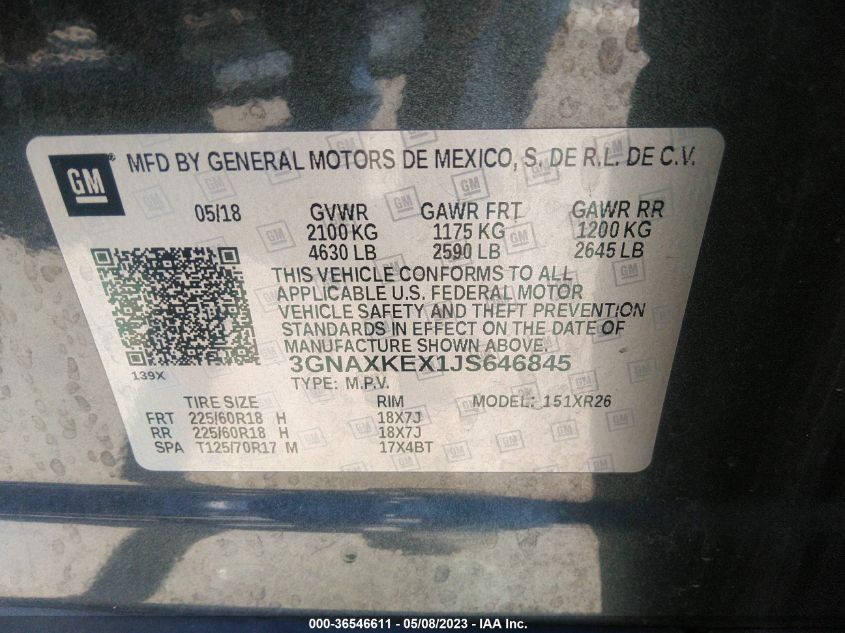 2018 CHEVROLET EQUINOX LT - 3GNAXKEX1JS646845