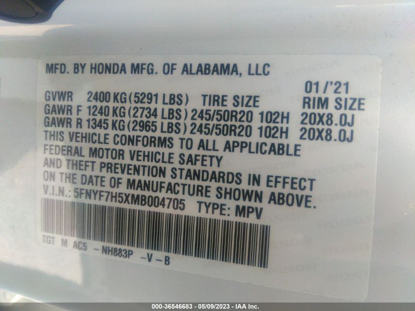 2021 HONDA PASSPORT EX-L - 5FNYF7H5XMB004705