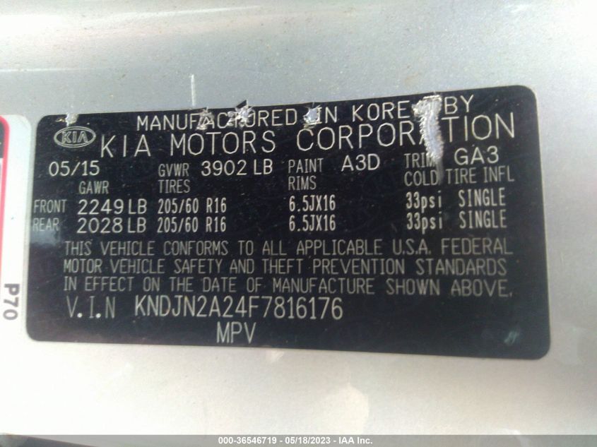 2015 KIA SOUL BASE - KNDJN2A24F7816176