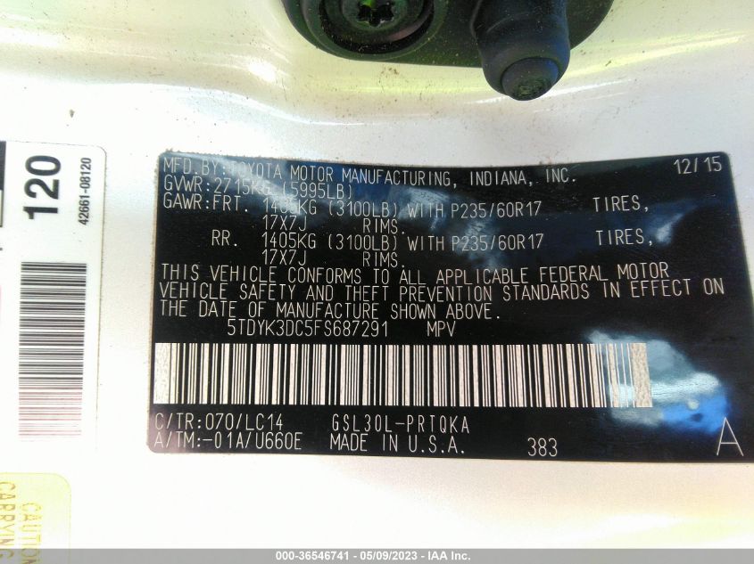 2015 TOYOTA SIENNA XLE/XLE AAS/LTD - 5TDYK3DC5FS687291