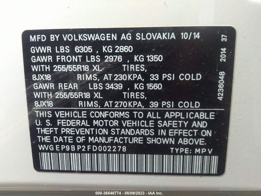 2015 VOLKSWAGEN TOUAREG SPORT W/TECHNOLOGY - WVGEP9BP2FD002278