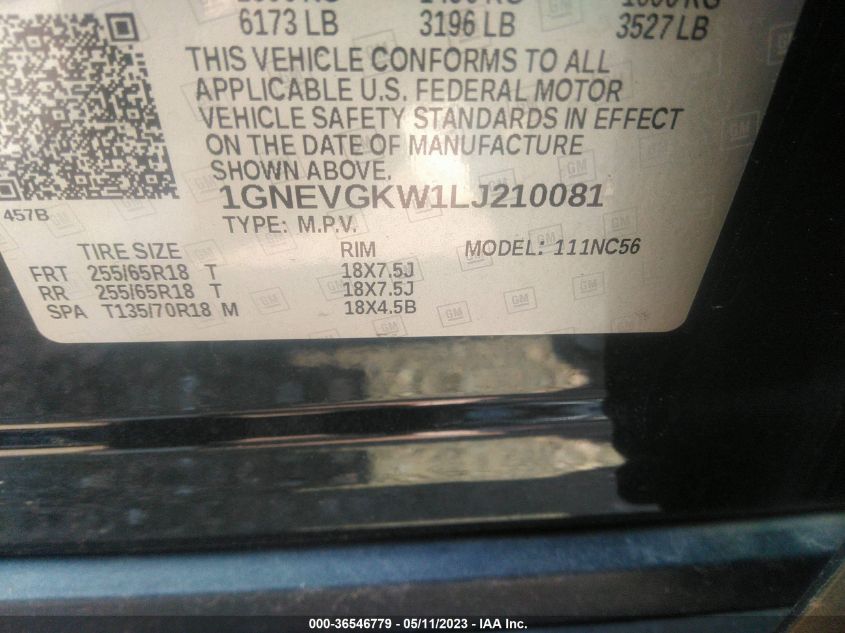 1GNEVGKW1LJ210081 Chevrolet Traverse LT CLOTH 9