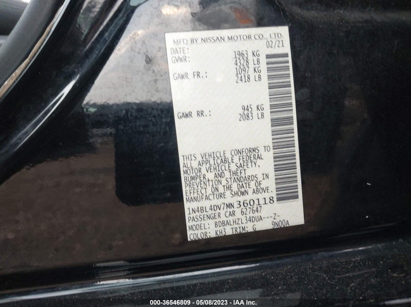 VIN 1N4BL4DV7MN360118 2021 NISSAN ALTIMA 2.5 SV