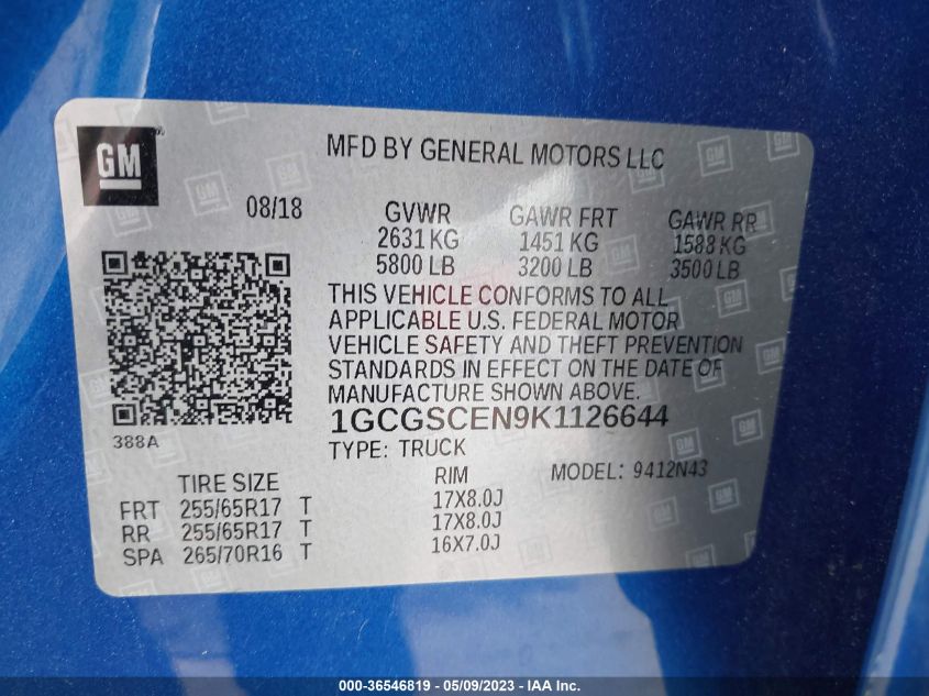 2019 CHEVROLET COLORADO 2WD LT - 1GCGSCEN9K1126644