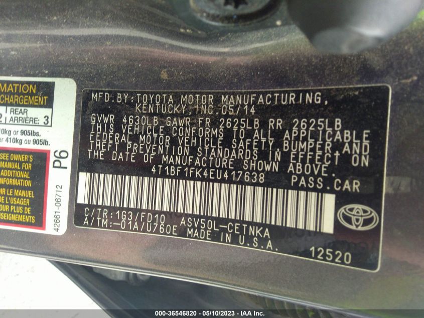 2014 TOYOTA CAMRY L/LE/XLE/SE/SE SPORT - 4T1BF1FK4EU417638