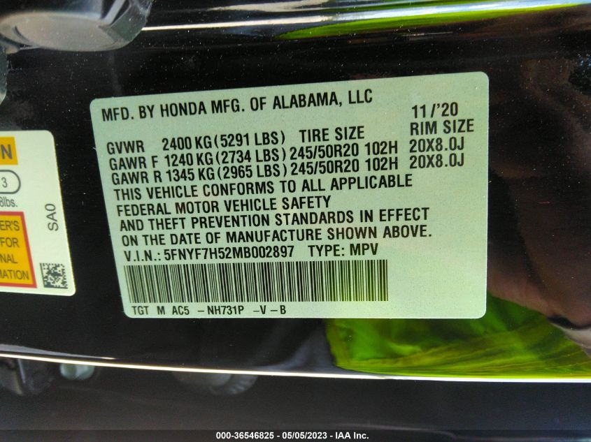 2021 HONDA PASSPORT EX-L - 5FNYF7H52MB002897