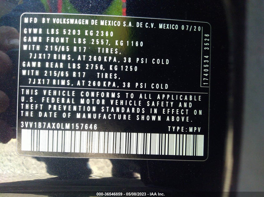 VIN 3VV1B7AX0LM157646 2020 VOLKSWAGEN TIGUAN S