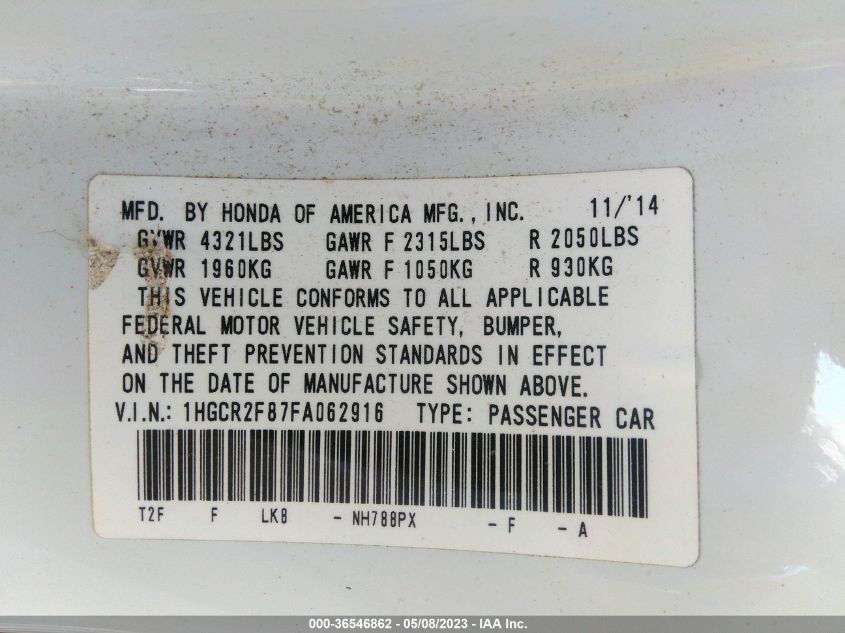 2015 HONDA ACCORD SEDAN EX-L - 1HGCR2F87FA062916
