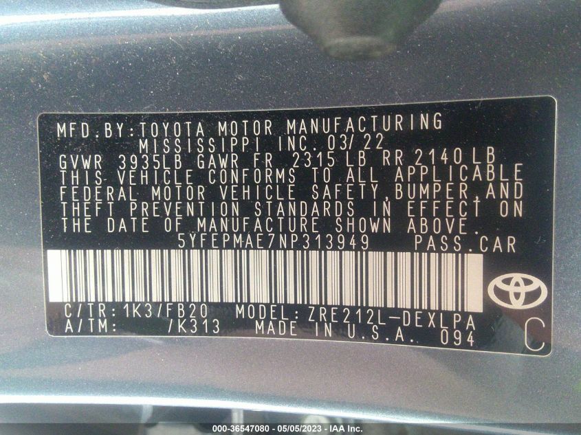 2022 TOYOTA COROLLA LE - 5YFEPMAE7NP313949