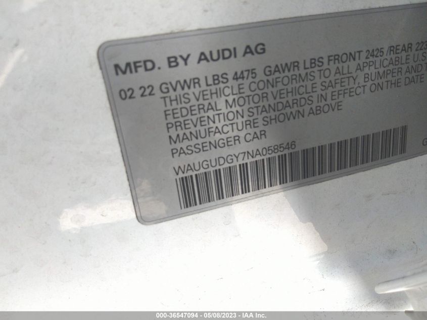 2022 AUDI A3 SEDAN PREMIUM - WAUGUDGY7NA058546