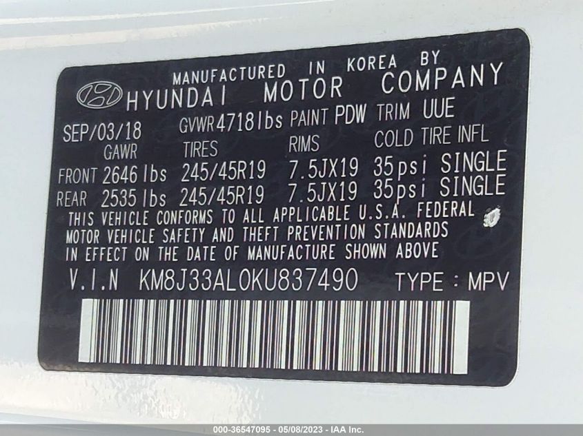 2019 HYUNDAI TUCSON SPORT - KM8J33AL0KU837490