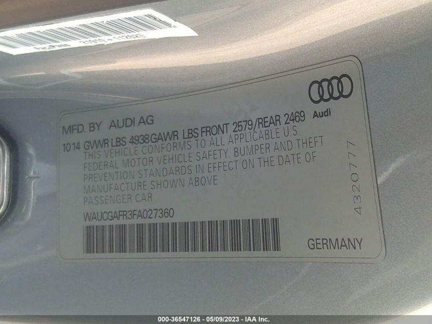 2015 AUDI S5 PREMIUM PLUS WAUCGAFR3FA027360