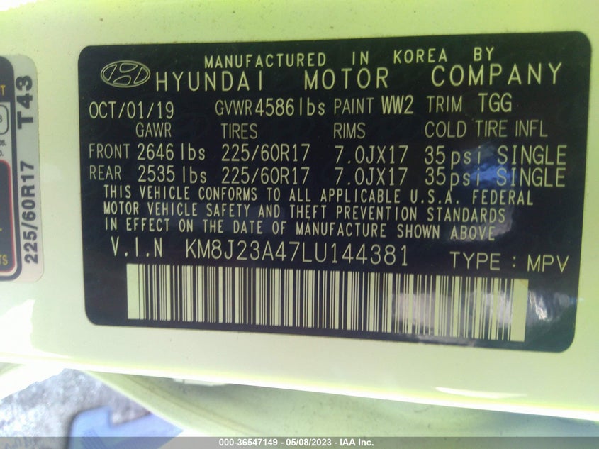 VIN KM8J23A47LU144381 2020 HYUNDAI TUCSON SE