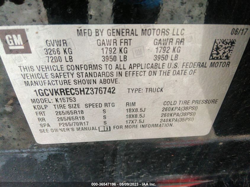 2017 CHEVROLET SILVERADO 1500 LT - 1GCVKREC5HZ376742