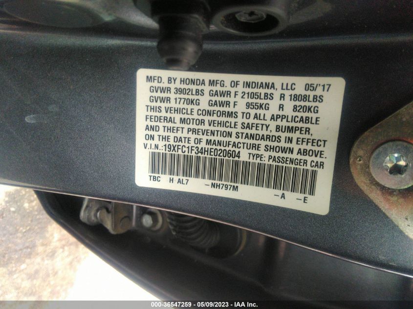 2017 HONDA CIVIC SEDAN EX-T - 19XFC1F34HE020604