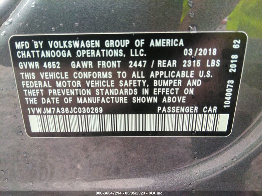 2018 VOLKSWAGEN PASSAT V6 GT - 1VWJM7A36JC030269