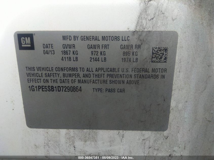 2013 CHEVROLET CRUZE 2LT - 1G1PE5SB1D7290864