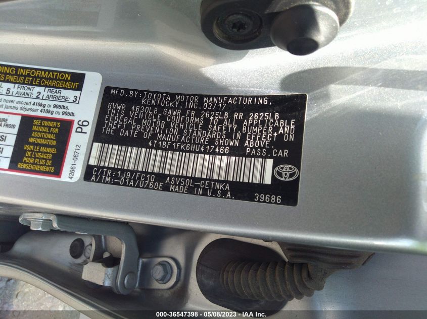 2017 TOYOTA CAMRY XLE/SE/LE/XSE - 4T1BF1FK6HU417466