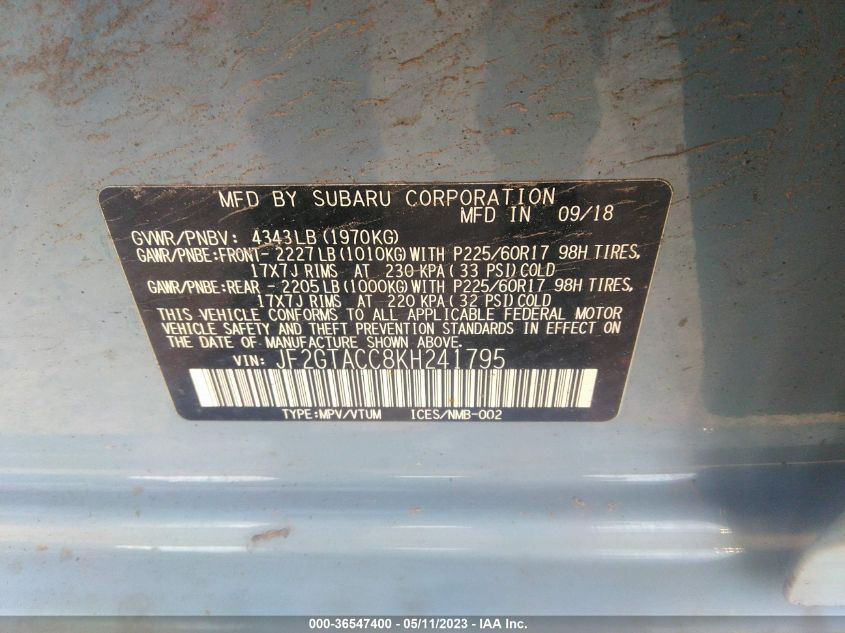 2019 SUBARU CROSSTREK PREMIUM - JF2GTACC8KH241795