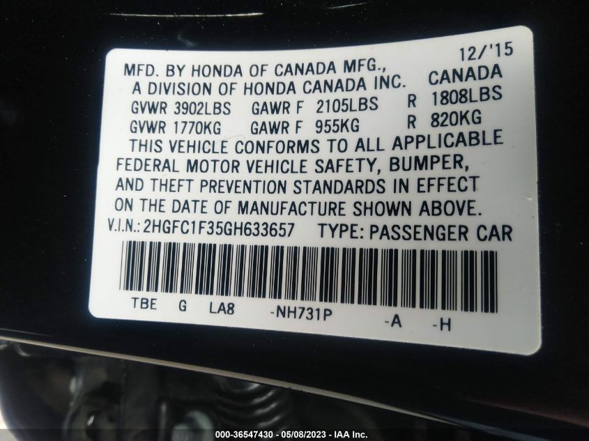 2016 HONDA CIVIC SEDAN EX-T - 2HGFC1F35GH633657