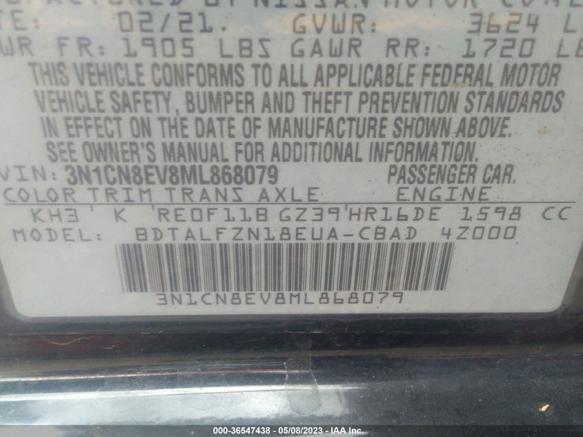 2021 NISSAN VERSA SV - 3N1CN8EV8ML868079