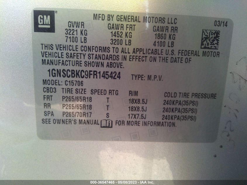 2015 CHEVROLET TAHOE LT - 1GNSCBKC9FR145424