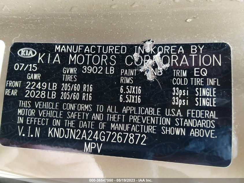 2016 KIA SOUL BASE - KNDJN2A24G7267872