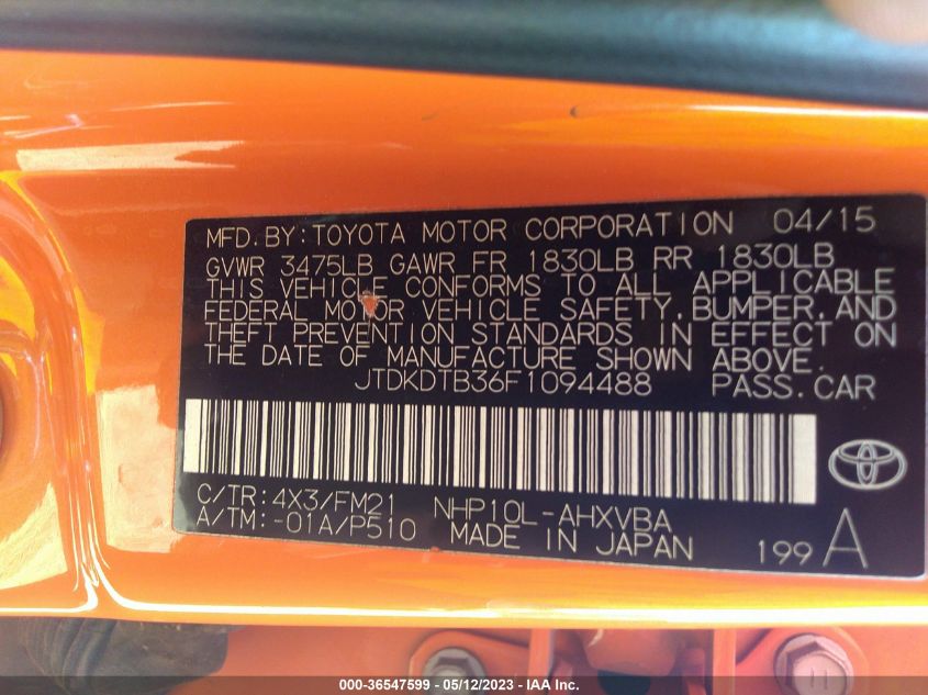 2015 TOYOTA PRIUS C ONE/TWO/THREE/FOUR - JTDKDTB36F1094488